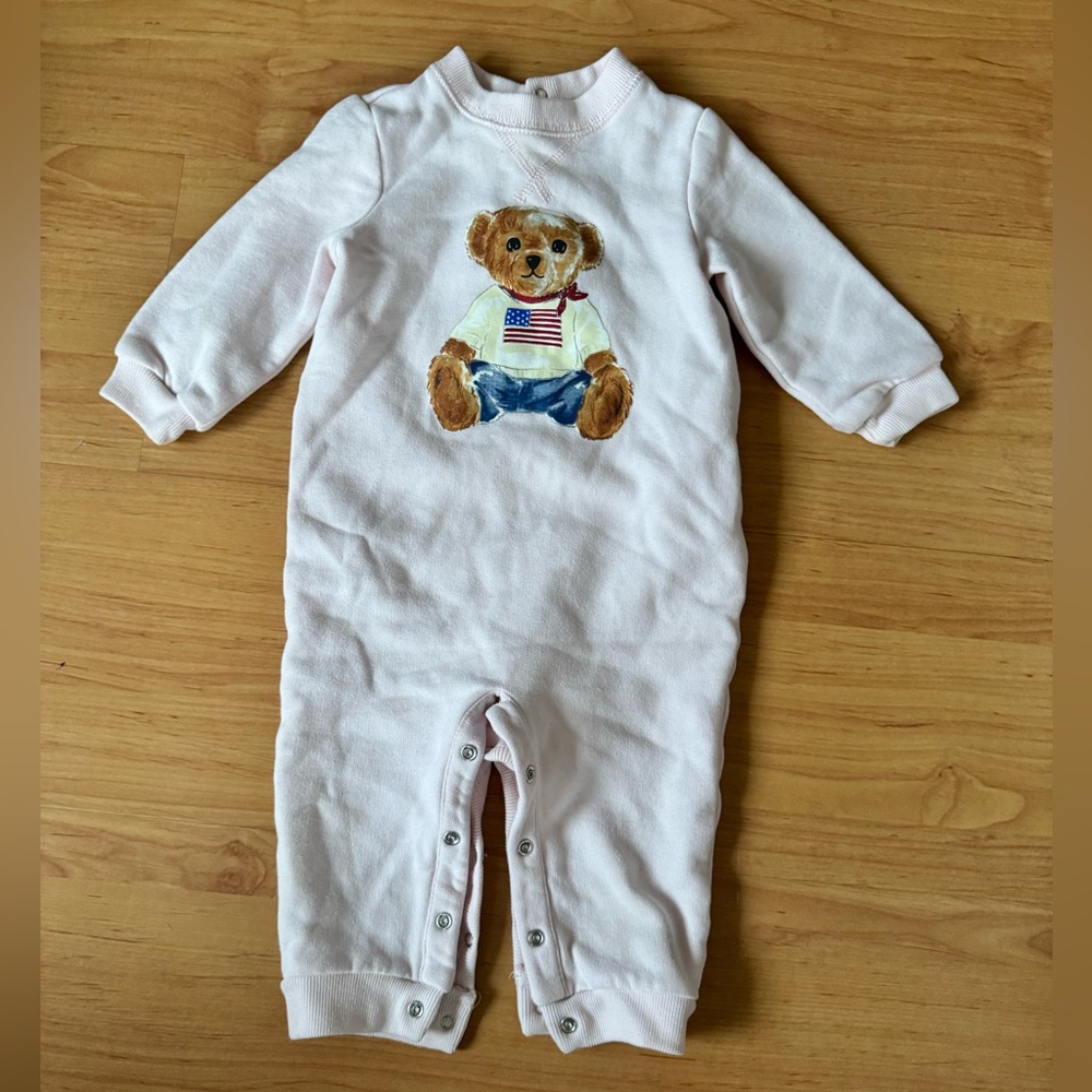 Ralph Lauren Baby Girl Pink Polo Teddy Bear Cotton Fleece Coverall Romper 9 Mo - Picture 3 of 16